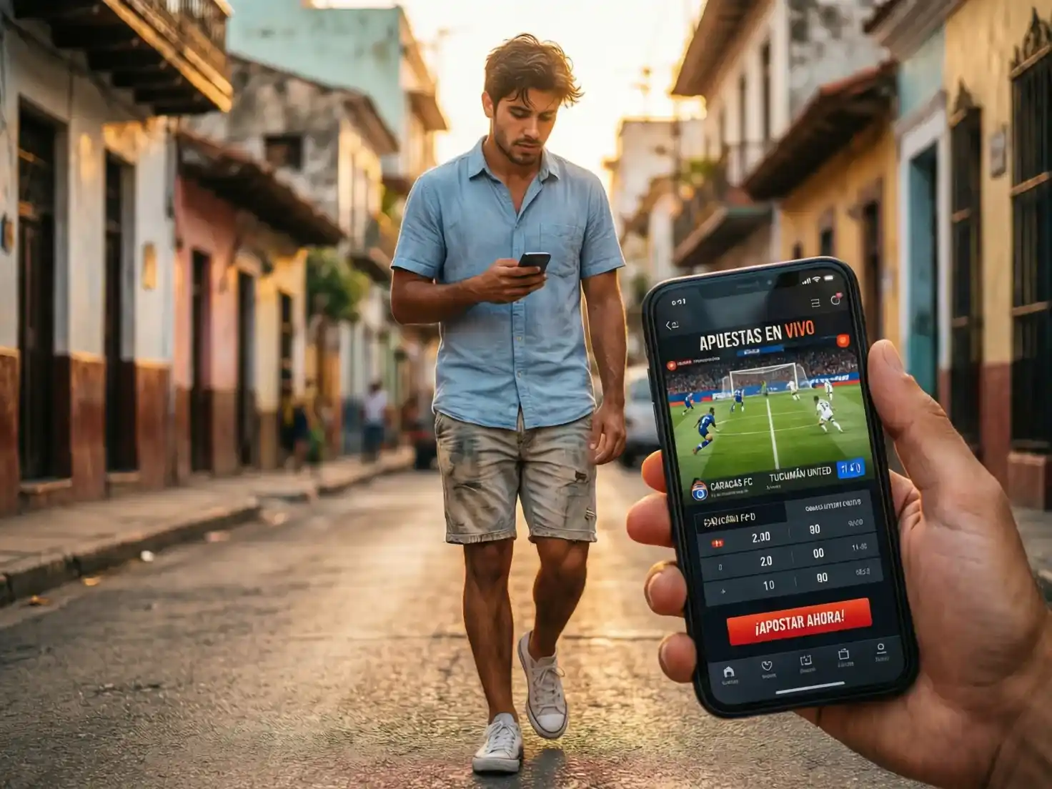Persona usando aplicación móvil de apuestas deportivas en su teléfono