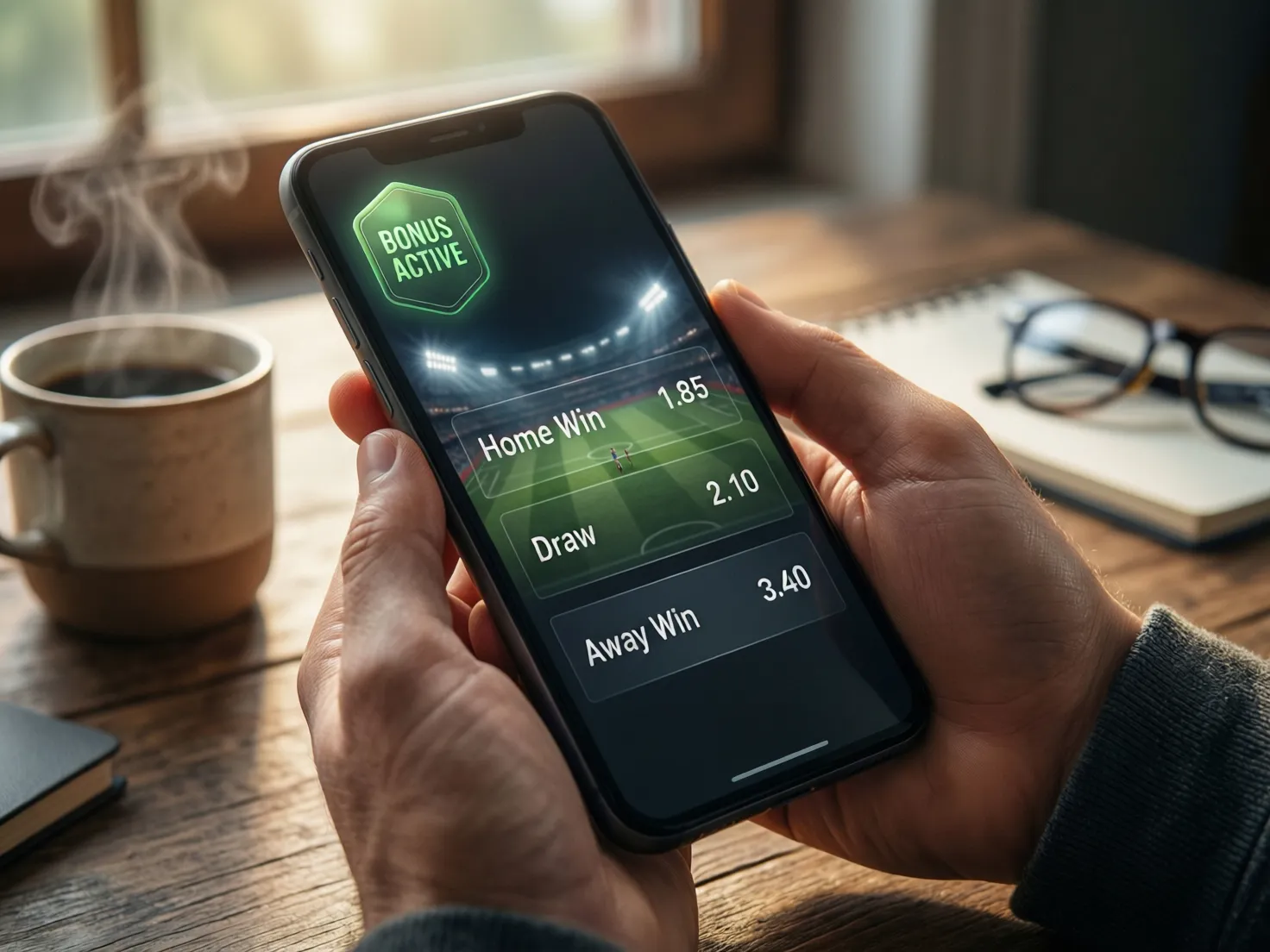Pantalla de smartphone mostrando interfaz de apuestas deportivas con bono activo