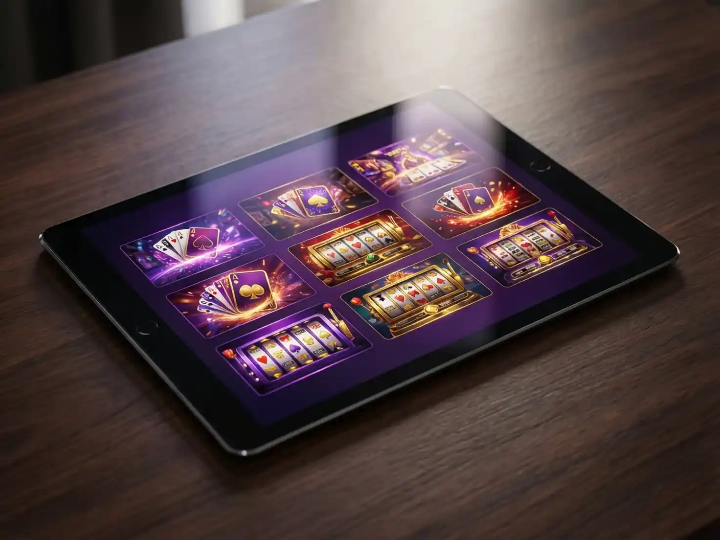 Tablet mostrando variedad de juegos de casino online con diseño moderno