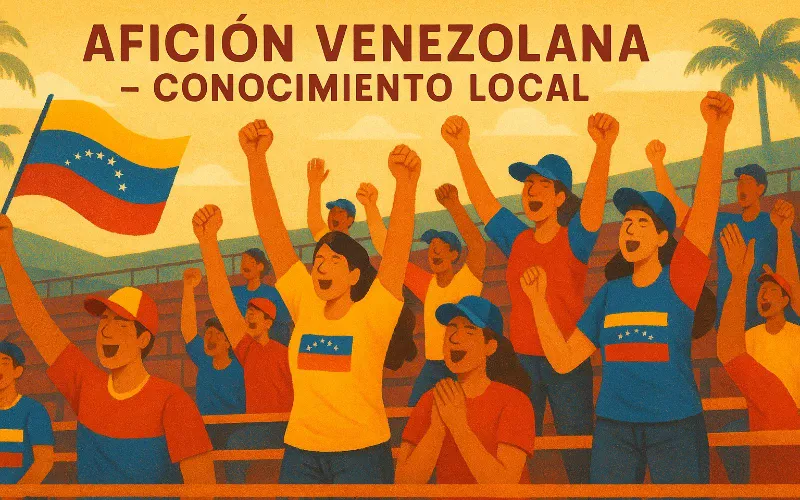 Aficionados venezolanos celebrando en estadio de béisbol representando el conocimiento local como ventaja en apuestas