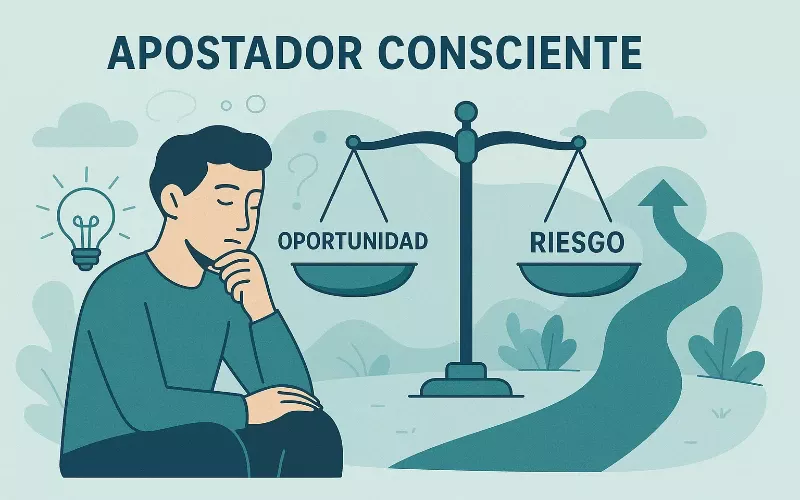 Persona reflexionando sobre decisiones de apuestas con balance entre oportunidad y riesgo