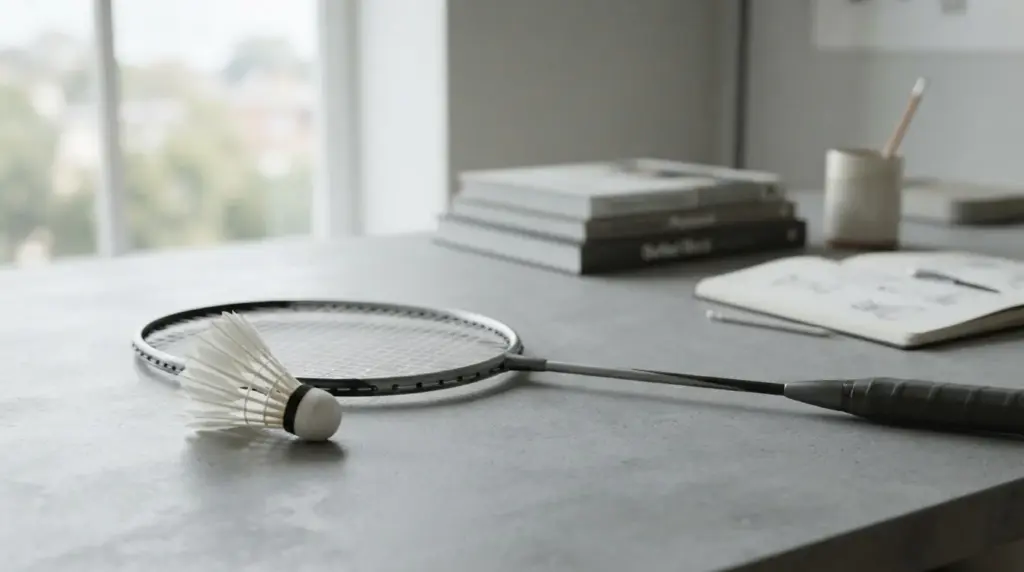 Raqueta y volante de bádminton sobre superficie neutra con luz natural