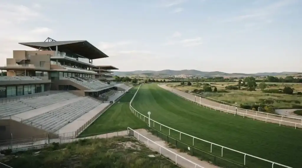 Escena editorial de un hipódromo español con vista de pista y tribuna