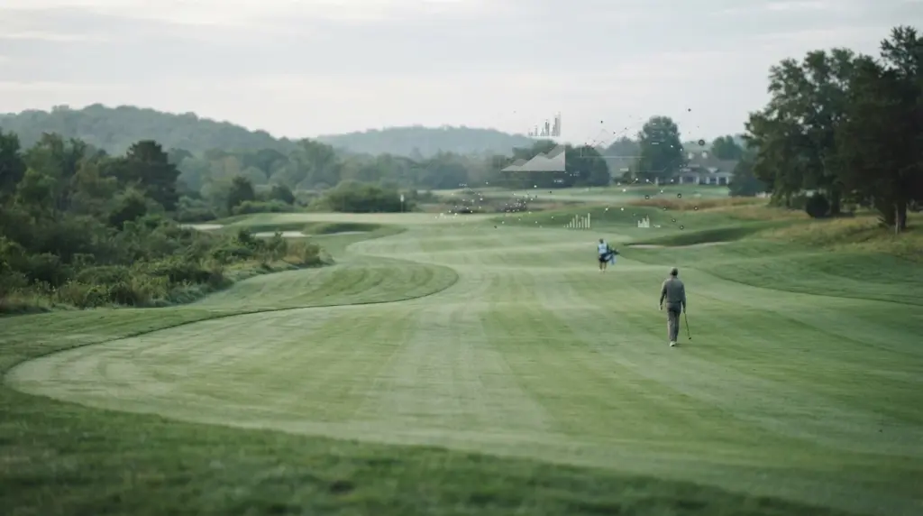 Escena editorial sobre apuestas de golf mostrando un campo verde y elementos de análisis deportivo