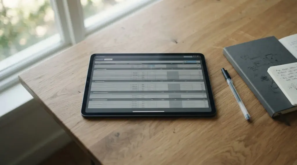 Vista cenital de tablet mostrando mercados de apuestas de hockey sobre hielo con estadísticas de partidos NHL