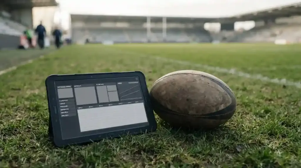 Balón de rugby sobre césped con tablet mostrando análisis de mercados de apuestas