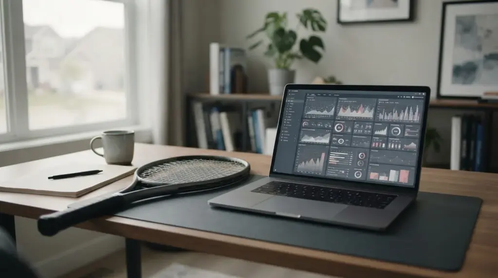 Raqueta de tenis y pantalla de dispositivo con datos de análisis de cuotas en ambiente editorial