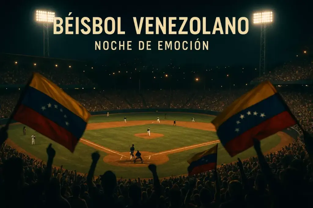 Estadio de béisbol venezolano iluminado de noche durante partido de la LVBP con aficionados animando