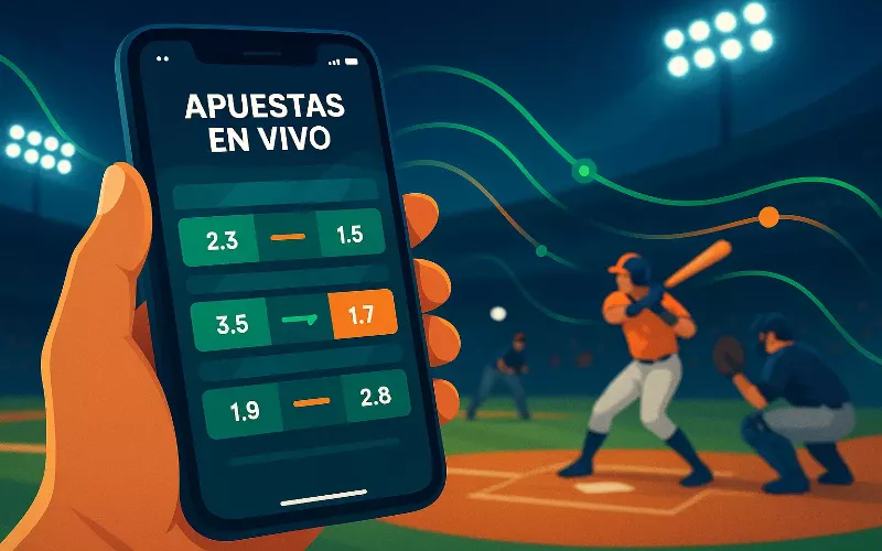 Smartphone mostrando interfaz de apuestas en vivo durante partido de béisbol con cuotas actualizándose en tiempo real