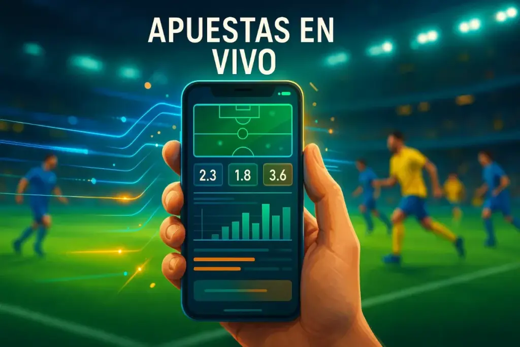 Smartphone mostrando interfaz de apuestas en vivo durante partido de fútbol con cuotas actualizándose en tiempo real