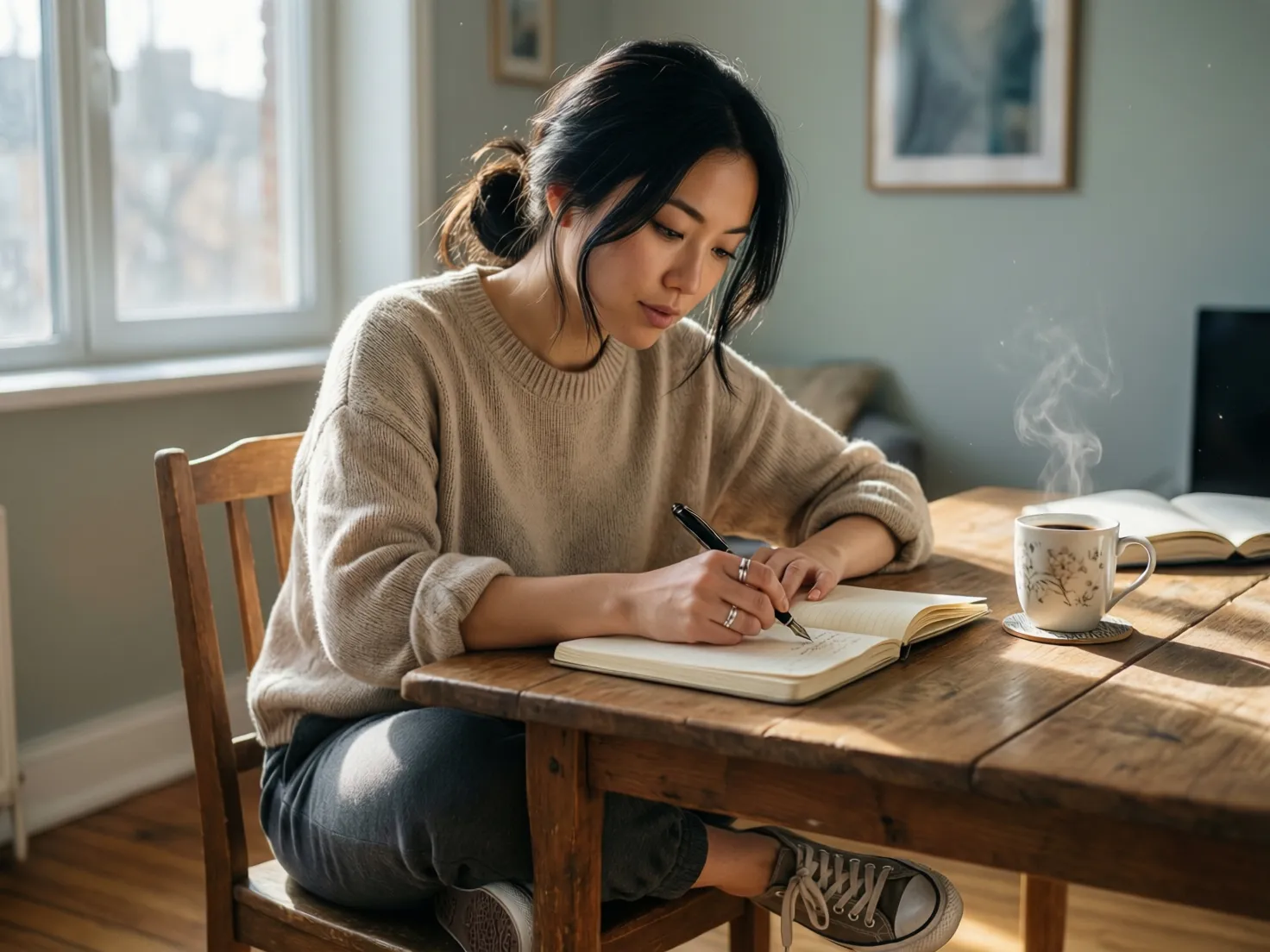 Persona sentada en escritorio con libreta y taza de café en ambiente de trabajo tranquilo