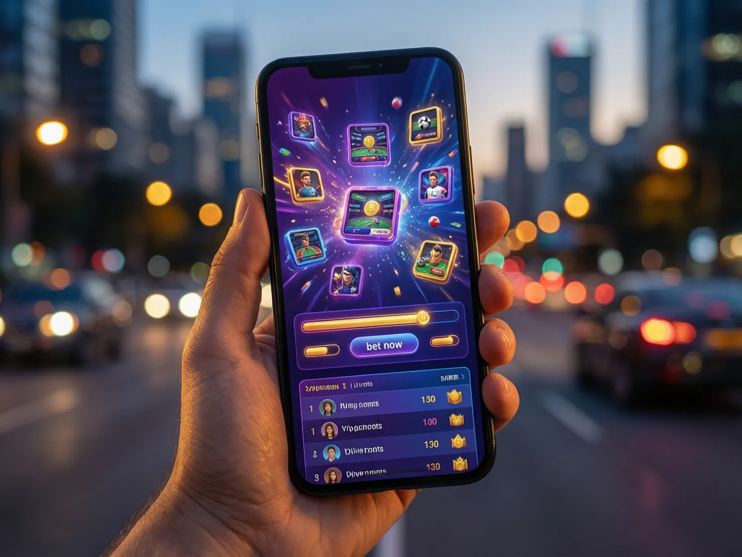 Smartphone moderno mostrando aplicación de apuestas con diseño colorido y gamificado