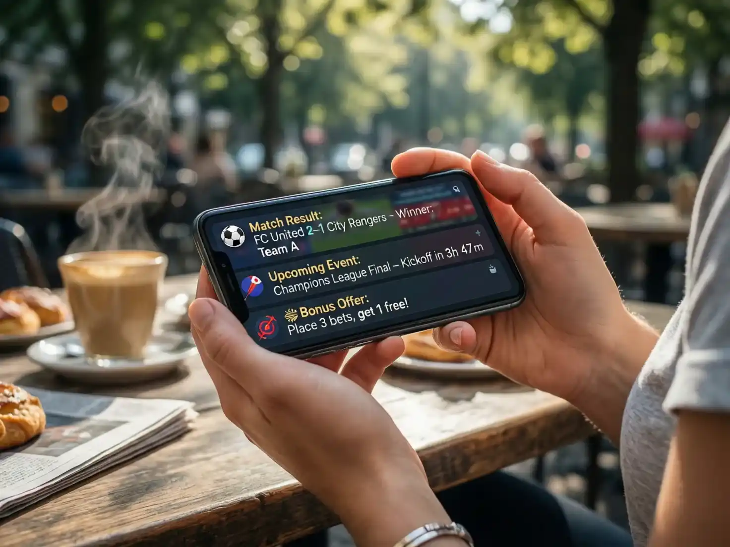Persona revisando notificaciones de apuestas deportivas en smartphone