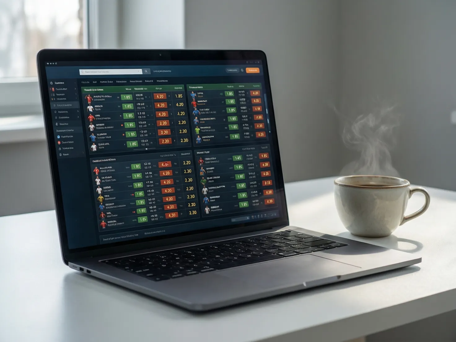Laptop mostrando plataforma de apuestas deportivas con partidos de fútbol