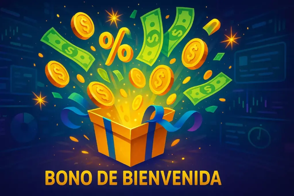 Ilustración de bono de bienvenida con símbolos de regalo y dinero para casas de apuestas en Venezuela