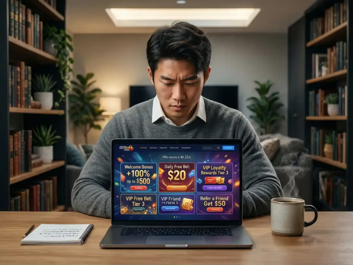 Persona usando laptop buscando promociones en sitio web de apuestas