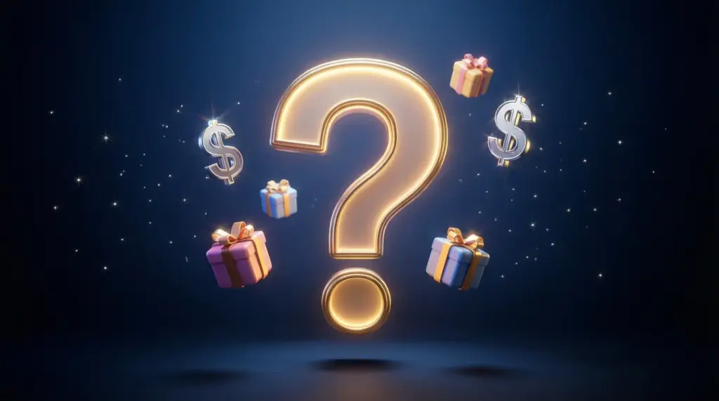 Imagen de signo de interrogación, regalos y dólares