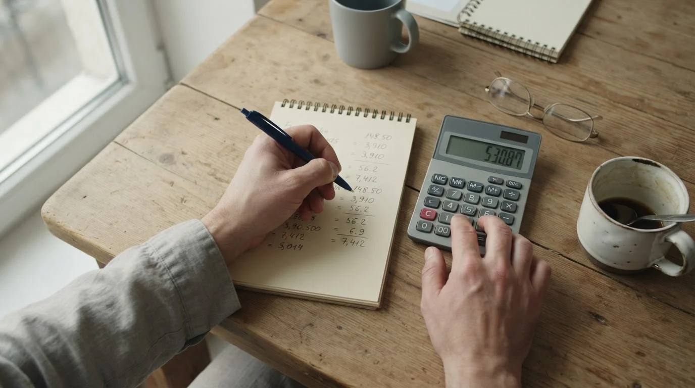 Manos realizando cálculos de margen en apuestas deportivas con calculadora y papel