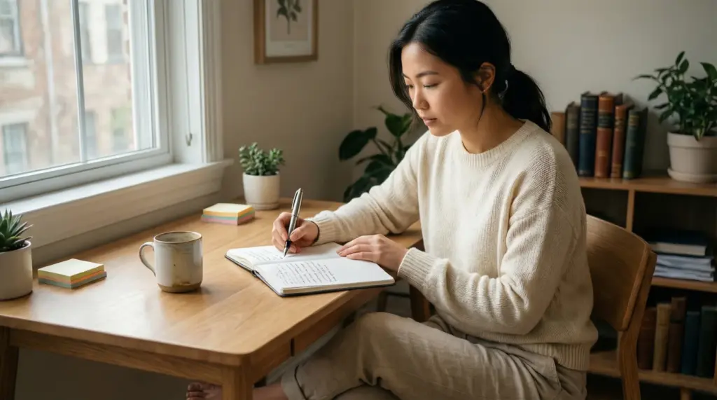 Imagen de una mujer escribiendo algo en un Bloc de notas