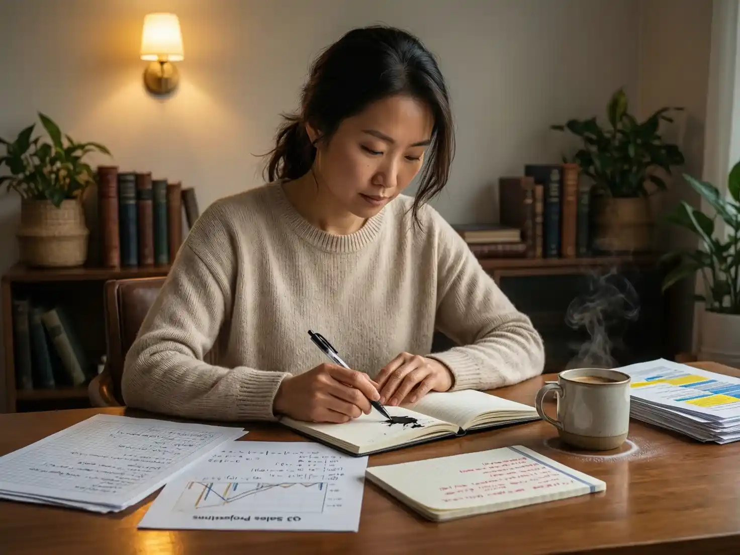 Persona revisando notas y documentos en escritorio organizado con taza de café