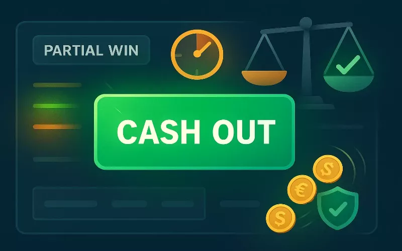 Botón de cash out brillante en interfaz de apuestas con indicadores de ganancia parcial y opciones de cierre