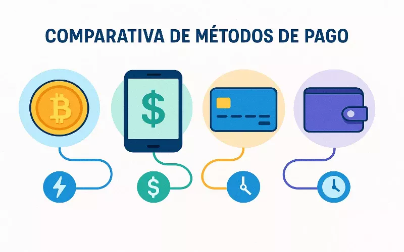 Infografía comparativa de métodos de pago para apuestas en Venezuela mostrando velocidad, comisiones y disponibilidad