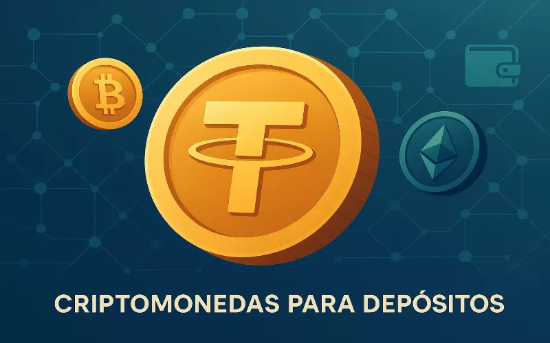 Ilustración de criptomonedas USDT y Bitcoin utilizadas para depósitos en casas de apuestas venezolanas