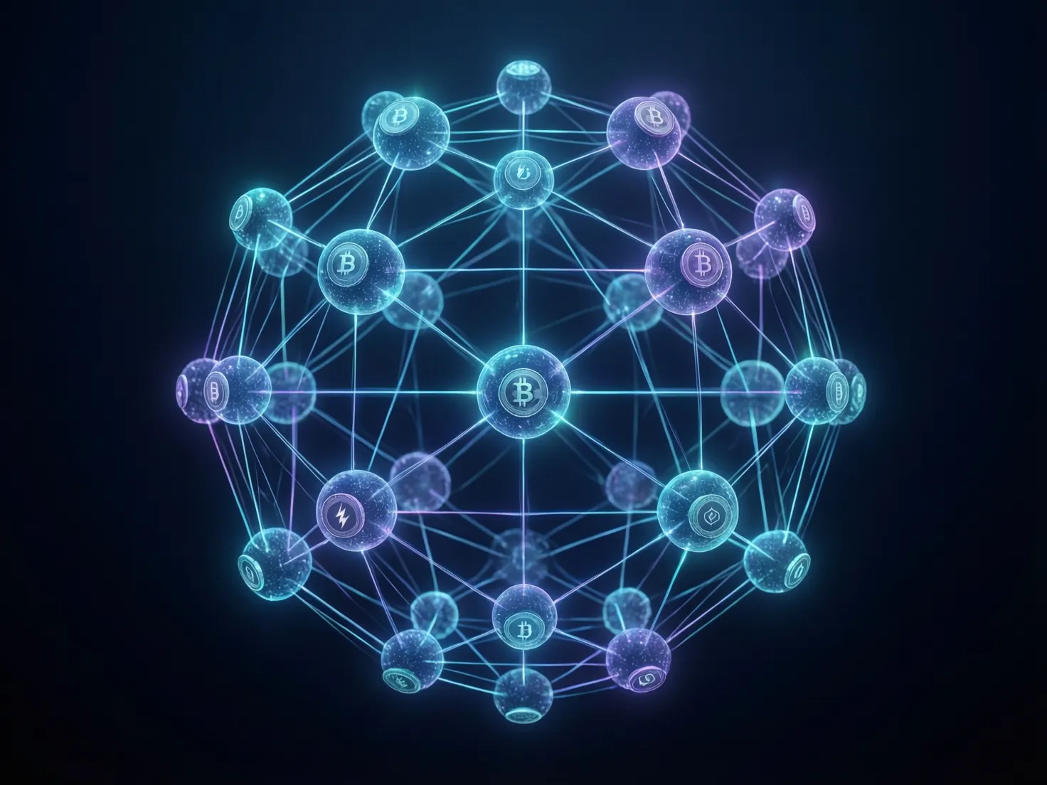 Ilustración de red blockchain con nodos conectados y símbolos de criptomonedas
