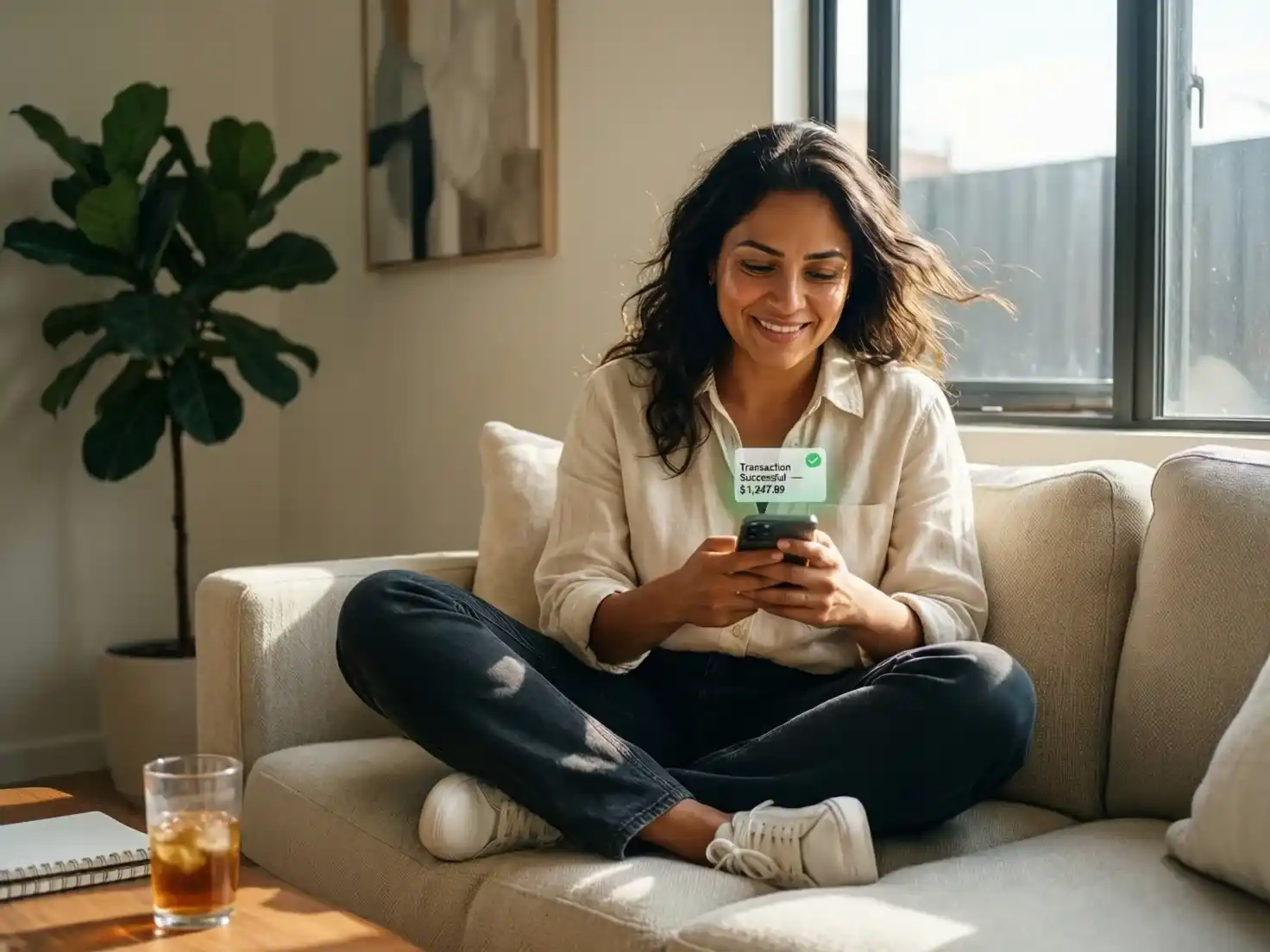 Persona sonriente usando smartphone para transacciones financieras digitales