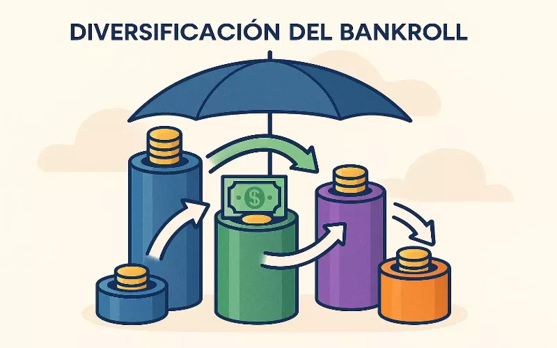 Ilustración mostrando distribución de bankroll entre múltiples casas de apuestas representadas como pilares