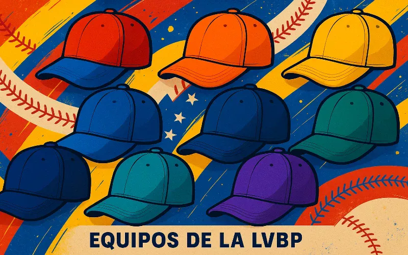 Representación artística de los ocho equipos de la Liga Venezolana de Béisbol Profesional con sus colores distintivos