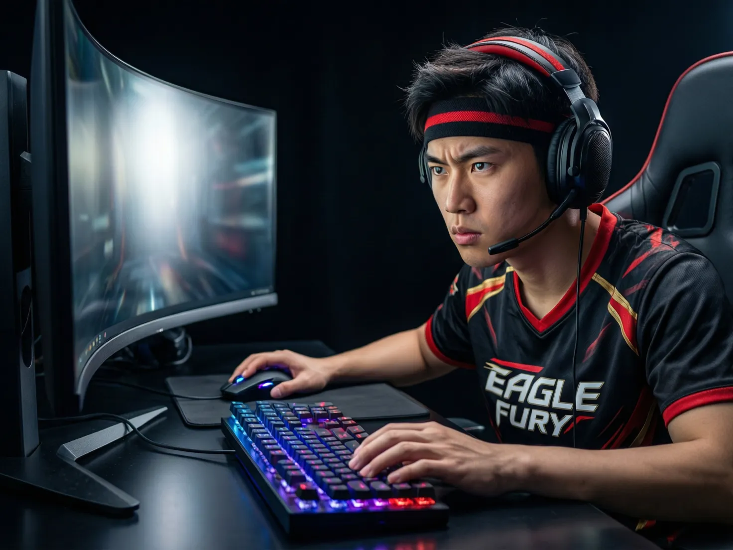 Jugador profesional de eSports frente a monitor de alta gama con teclado y ratón gaming
