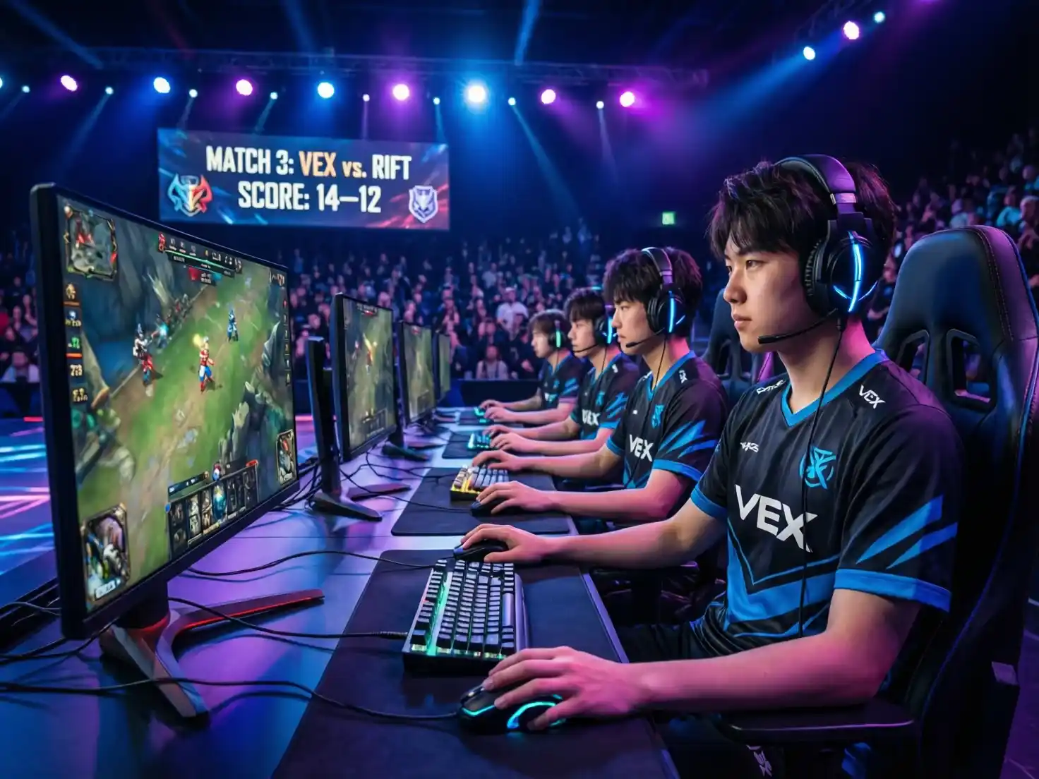 Equipo profesional de eSports compitiendo en escenario con auriculares y monitores