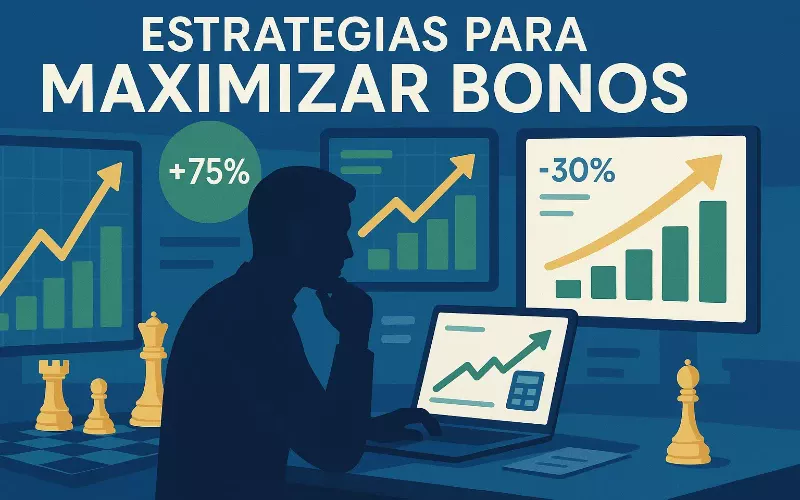 Persona analizando estrategia de bonos con calculadora y gráficos de valor esperado