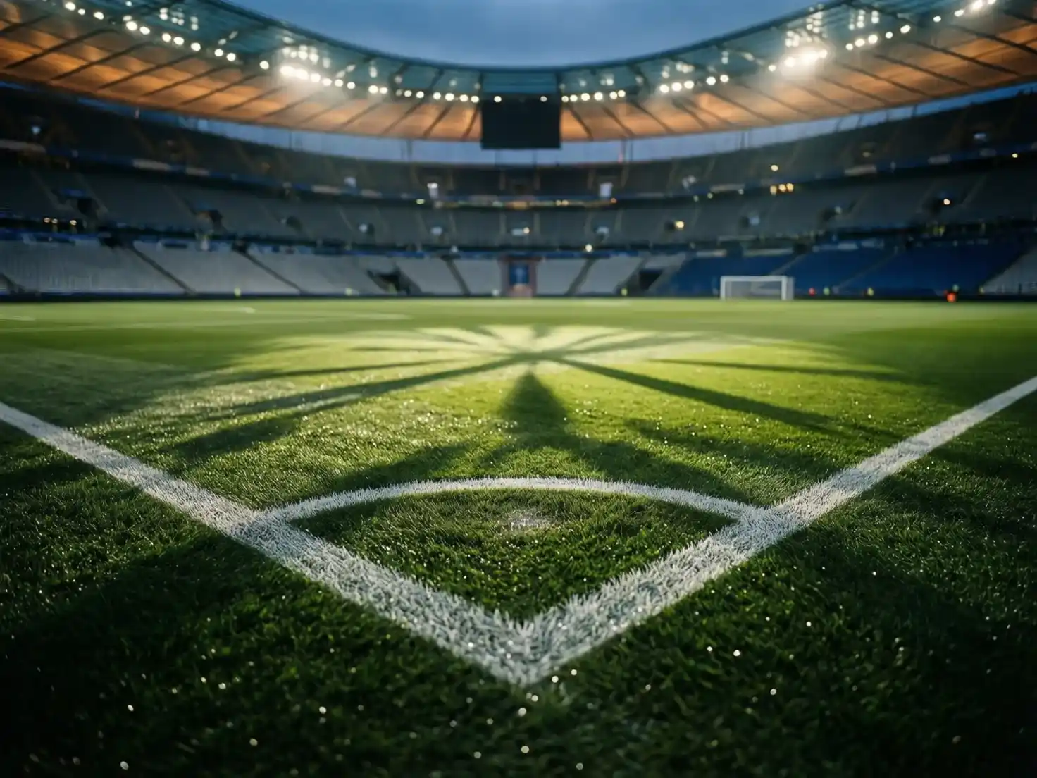 Balón de fútbol en el centro del campo de un estadio europeo antes de partido nocturno