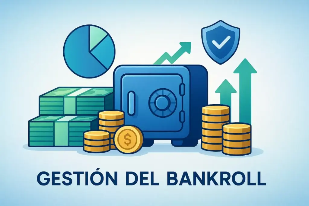 Ilustración de gestión de bankroll mostrando billetera digital con gráficos de administración de dinero para apuestas
