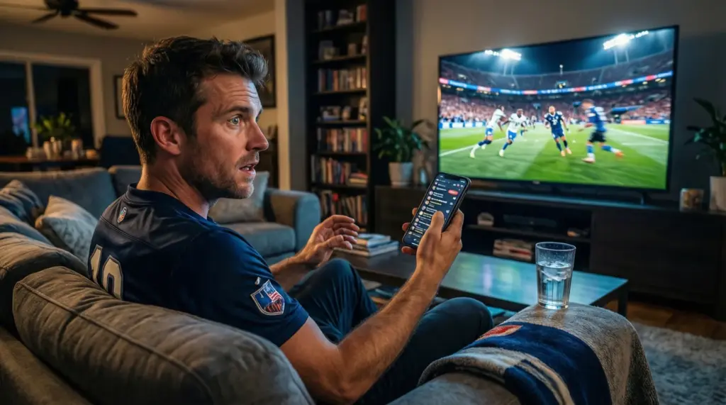 Imagen de un hombre mirando desde su casa un partido de fútbol