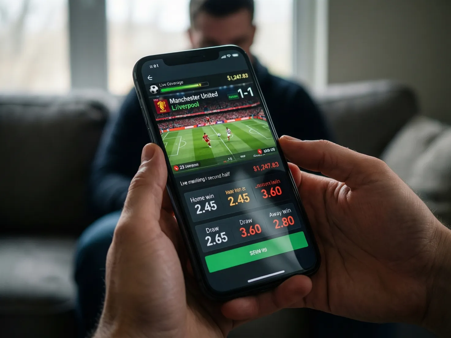 Manos sosteniendo teléfono móvil con aplicación de apuestas deportivas en vivo