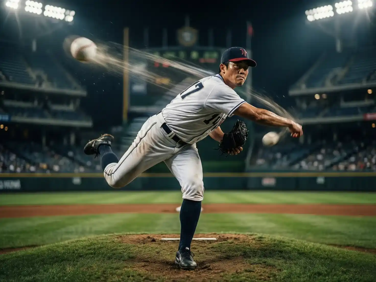 Pitcher de béisbol en posición de lanzamiento bajo las luces del estadio
