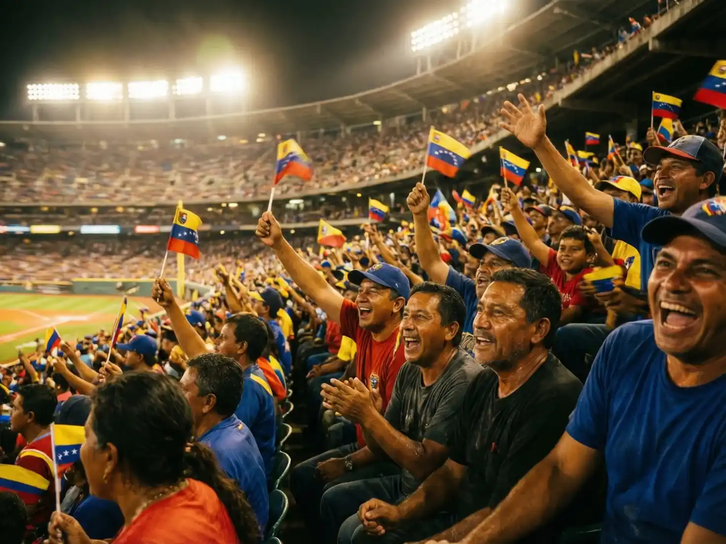 Aficionados venezolanos celebrando en estadio con banderas de equipos