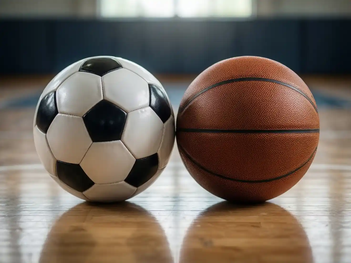 Balón de fútbol y balón de baloncesto sobre superficie deportiva