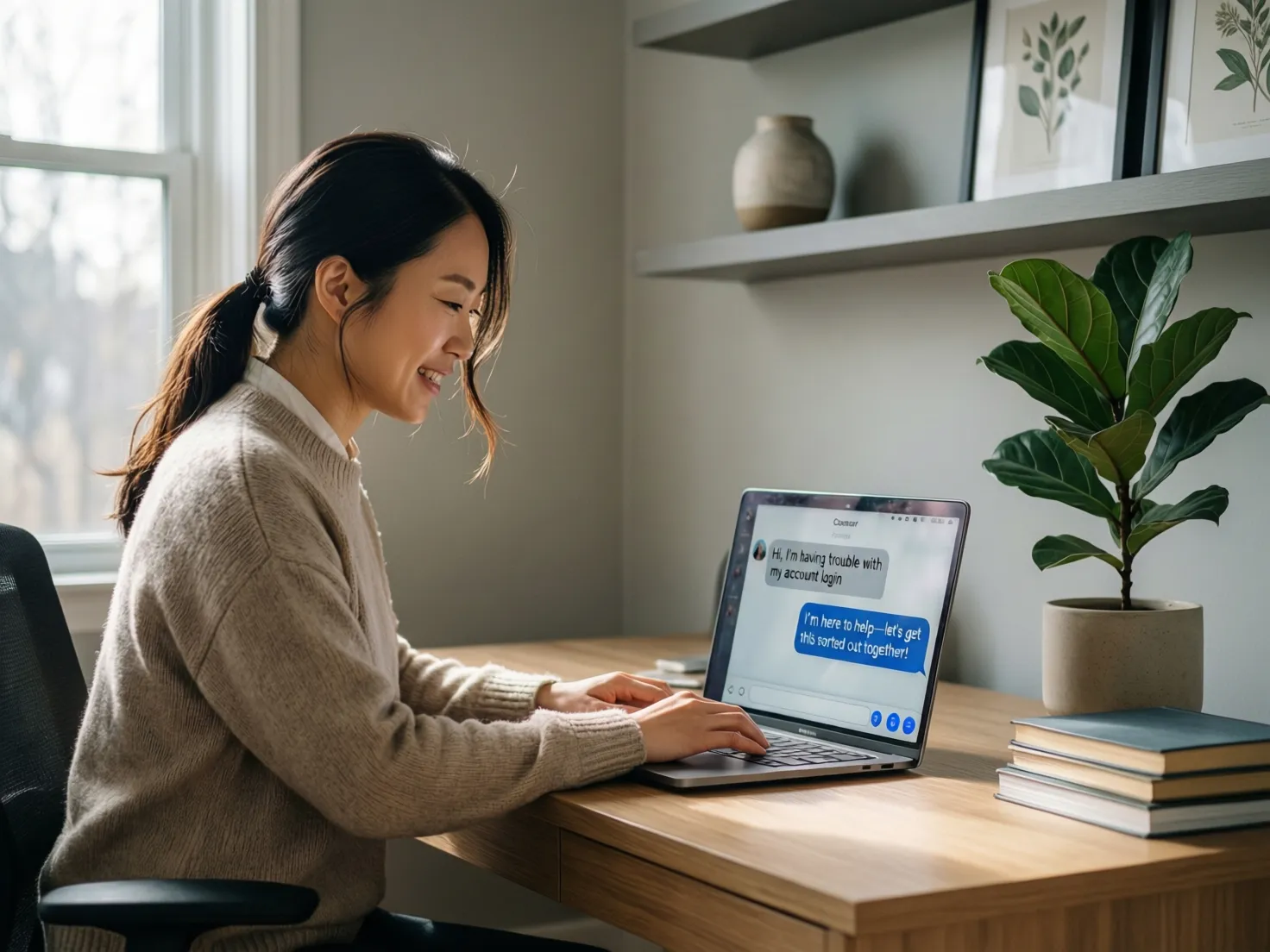Usuario consultando servicio de atención al cliente en laptop con chat abierto