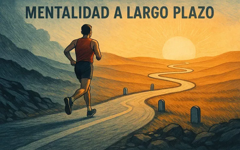 Corredor de maratón en camino largo representando la mentalidad de largo plazo en gestión de bankroll