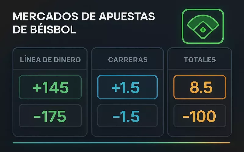 Pantalla digital mostrando diferentes mercados de apuestas de béisbol con cuotas y líneas de apuesta