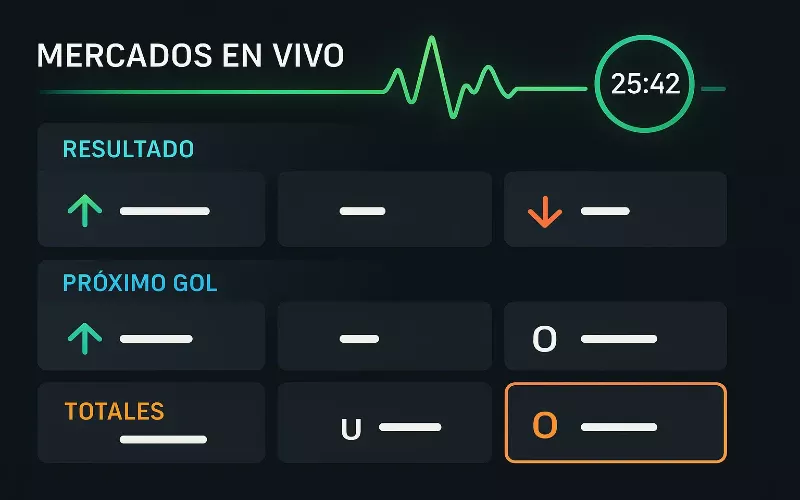 Pantalla digital mostrando diferentes mercados de apuestas en vivo con cuotas cambiantes y estadísticas en tiempo real