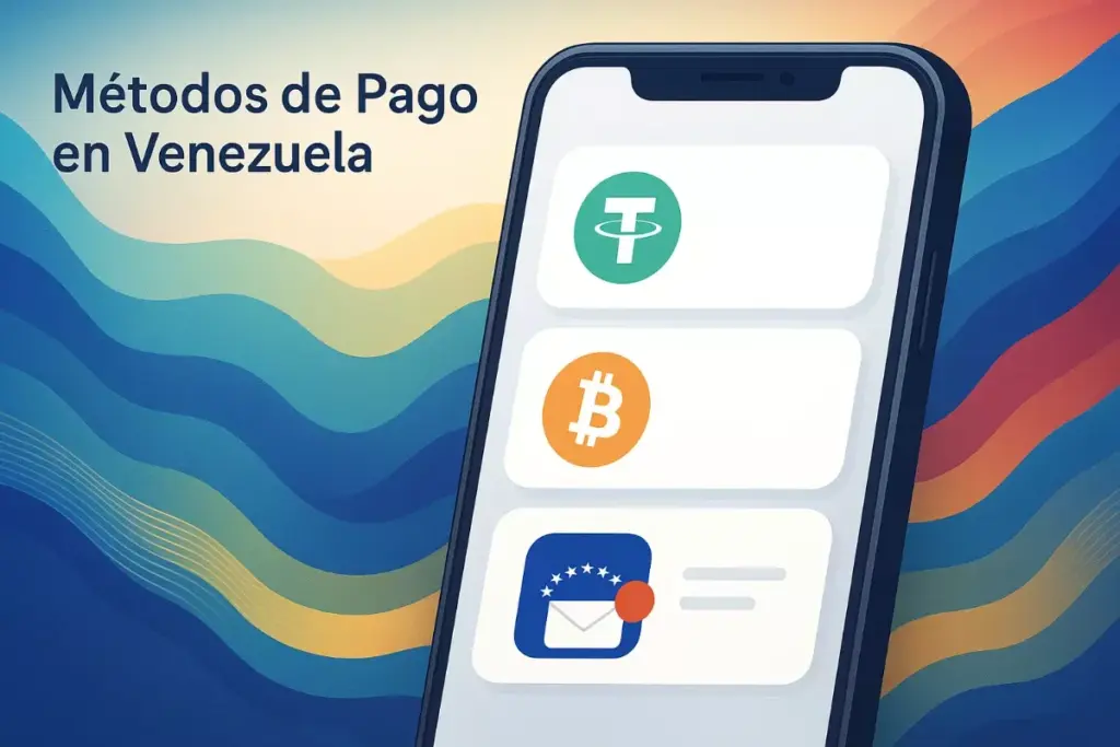 Smartphone mostrando diferentes métodos de pago para apuestas deportivas en Venezuela incluyendo criptomonedas y Pago Móvil