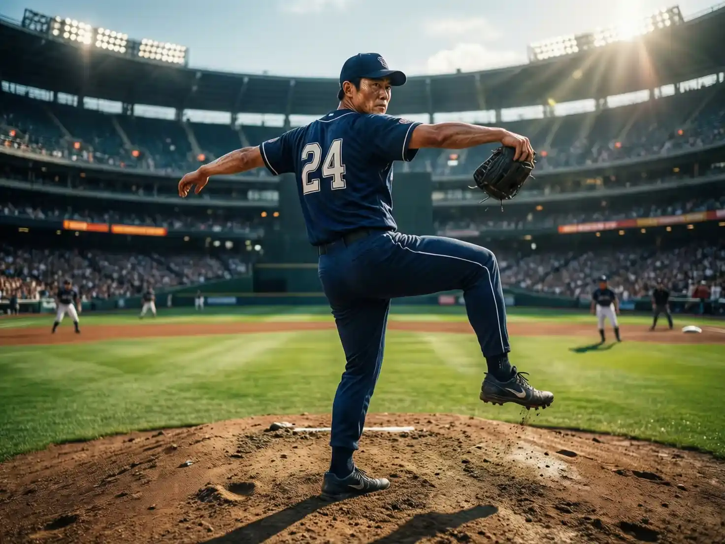 Pitcher de béisbol en el montículo preparándose para lanzar en estadio profesional