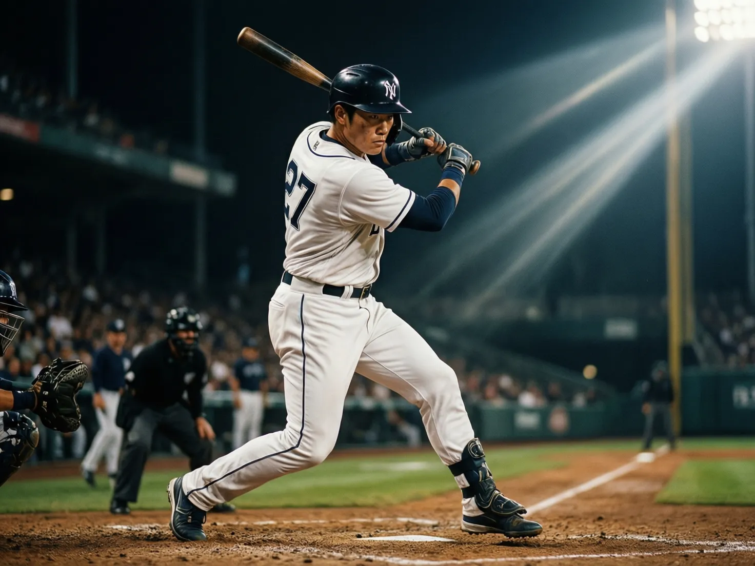 Bateador de béisbol profesional en posición de bateo durante un partido de Grandes Ligas
