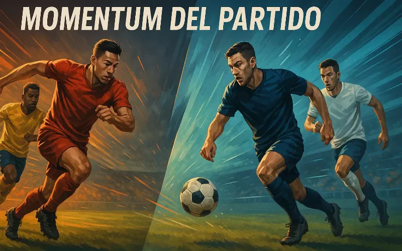 Jugadores de fútbol en acción intensa representando el momentum y la dinámica del partido para apuestas en vivo