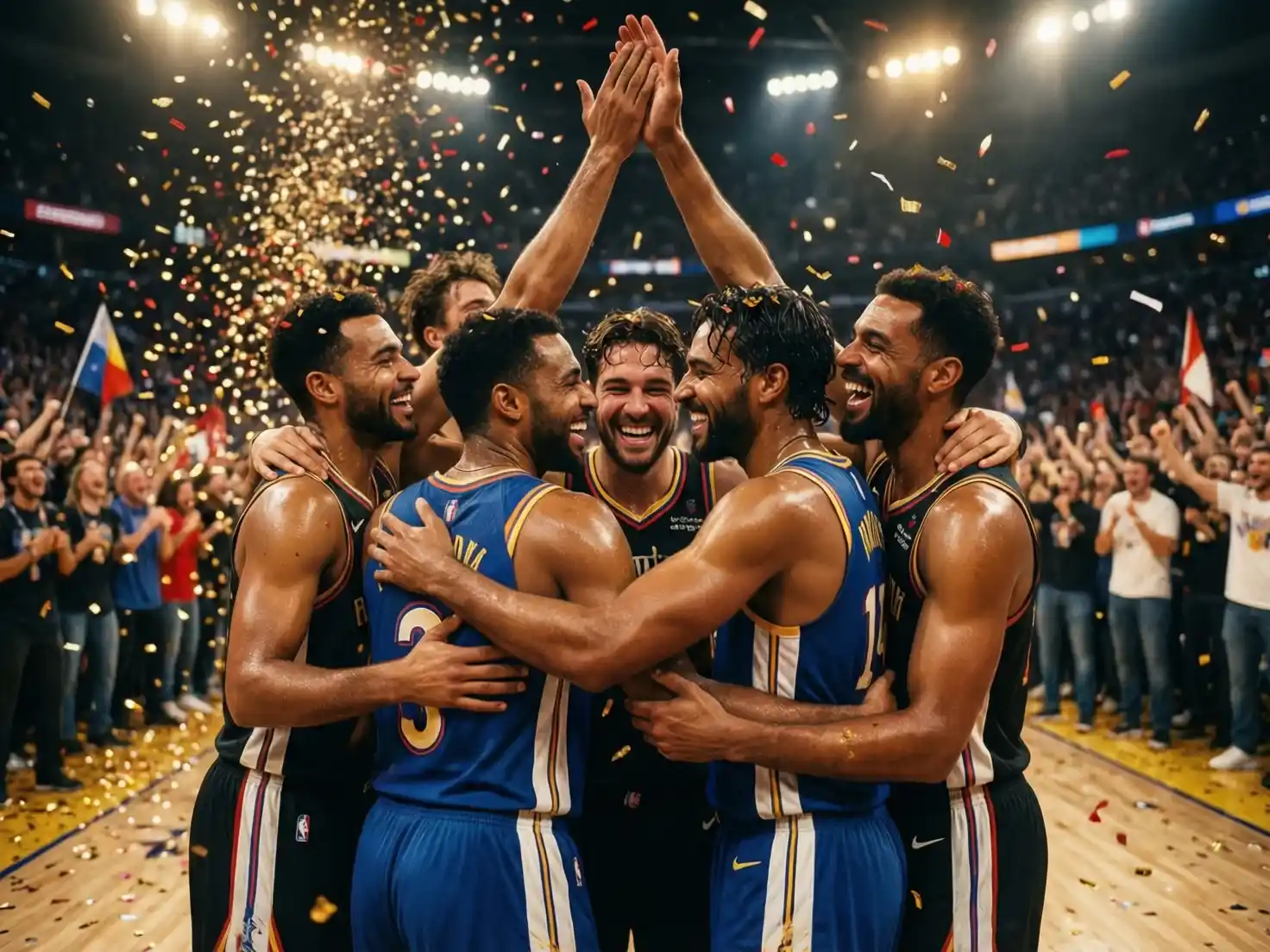 Jugadores de baloncesto celebrando una victoria en cancha con aficionados de fondo